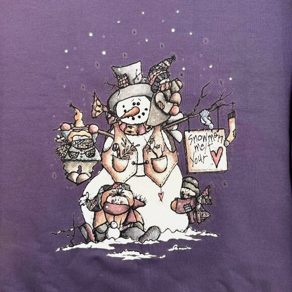 Vintage Snowmen Melt Your Heart Graphic Sweatshirt Oversized Large Purple - Picture 2 of 6